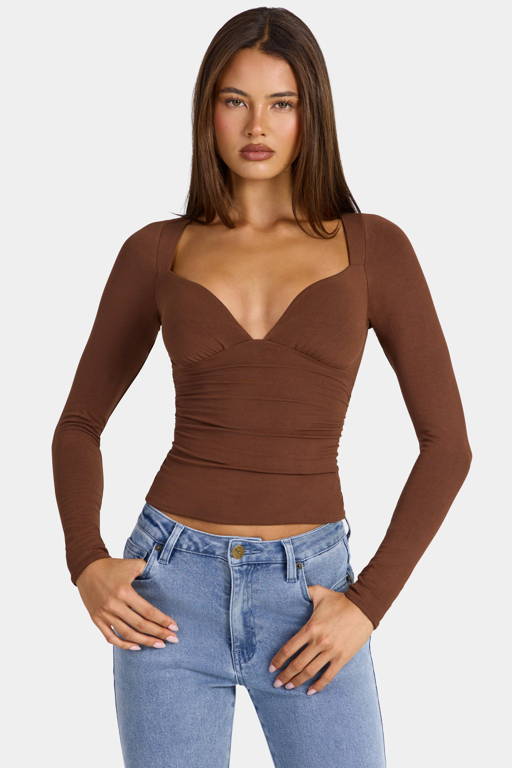 Chic Modal Ruched Long-Sleeve Top in Cocoa Brown