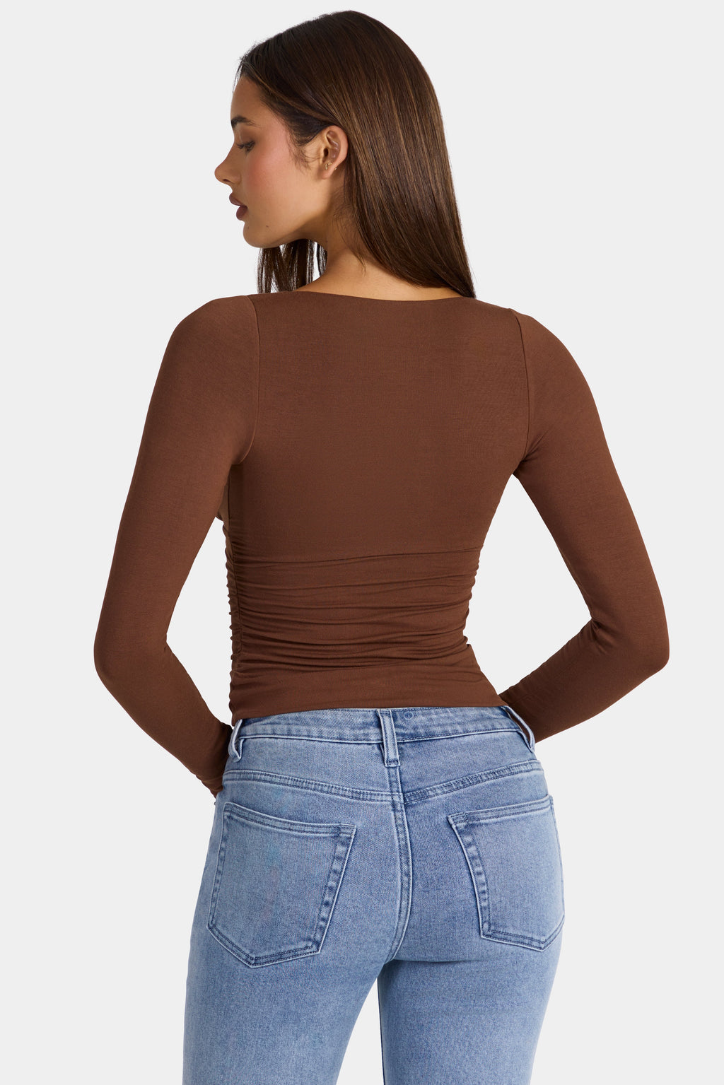 Chic Modal Ruched Long-Sleeve Top in Cocoa Brown