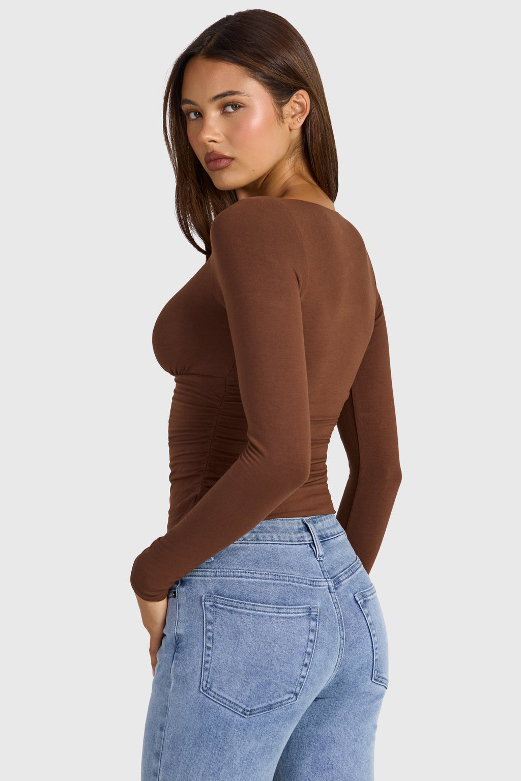 Chic Modal Ruched Long-Sleeve Top in Cocoa Brown