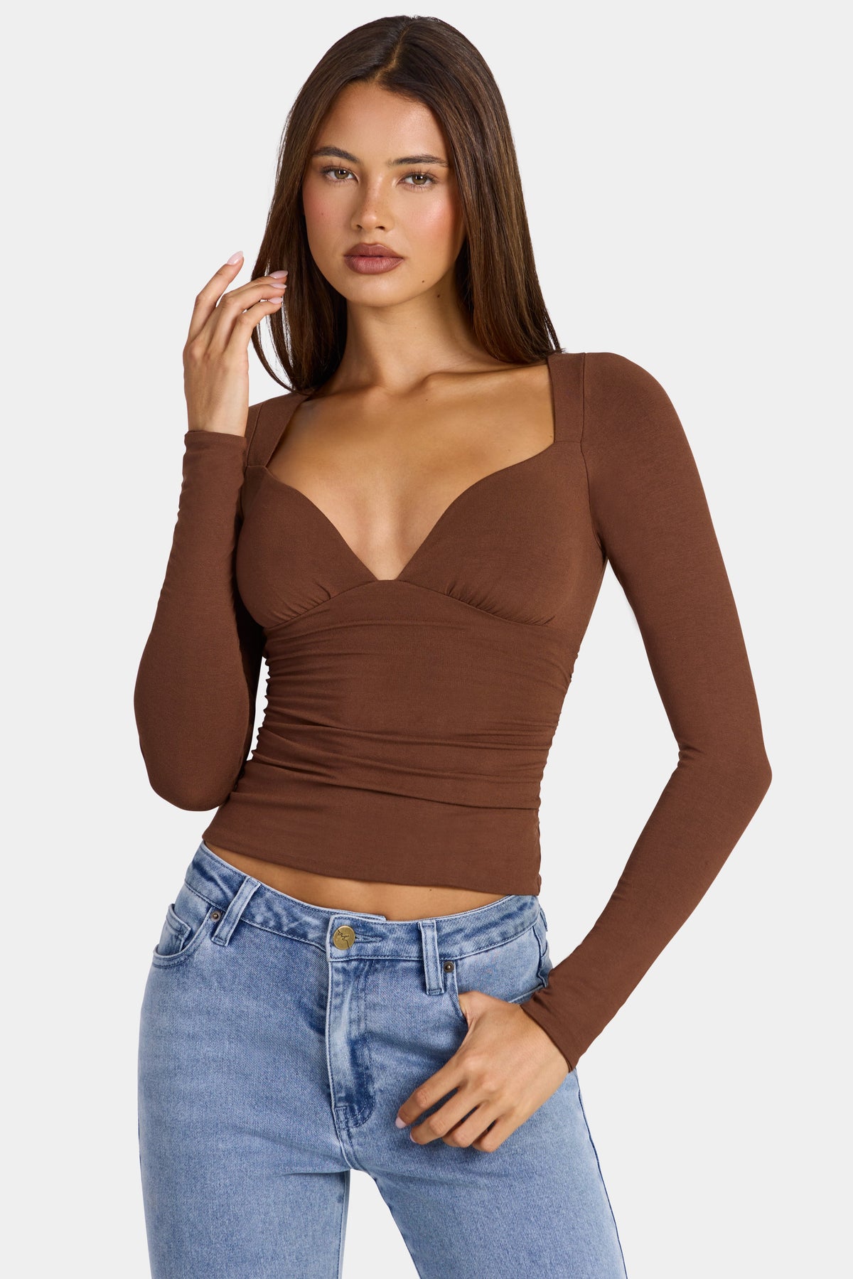 Chic Modal Ruched Long-Sleeve Top in Cocoa Brown