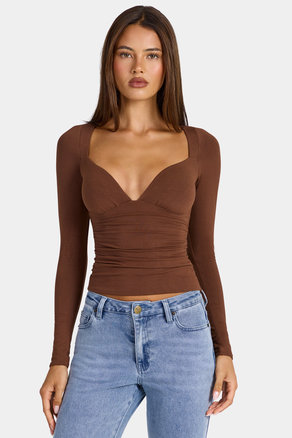 Chic Modal Ruched Long-Sleeve Top in Cocoa Brown