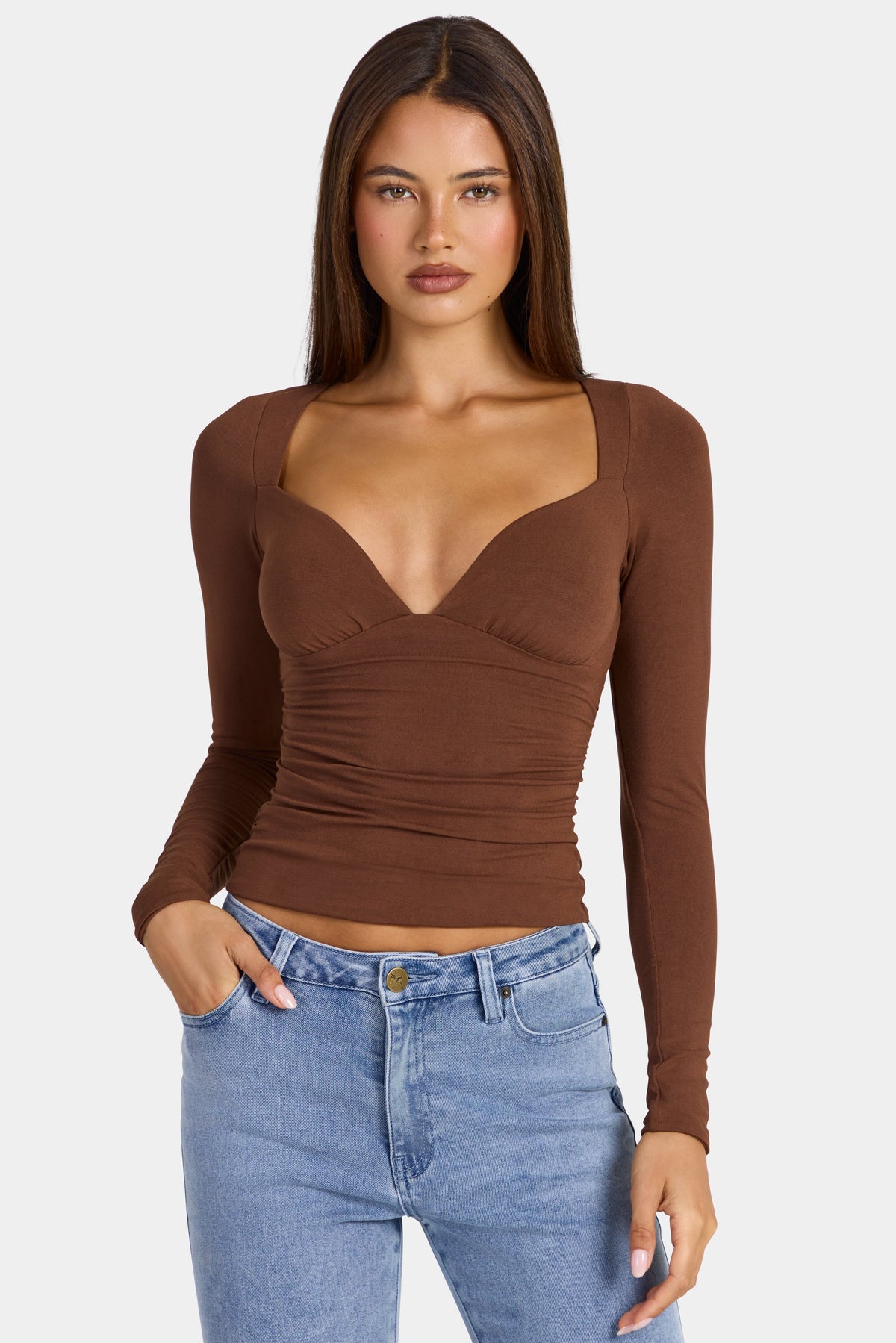 Chic Modal Ruched Long-Sleeve Top in Cocoa Brown