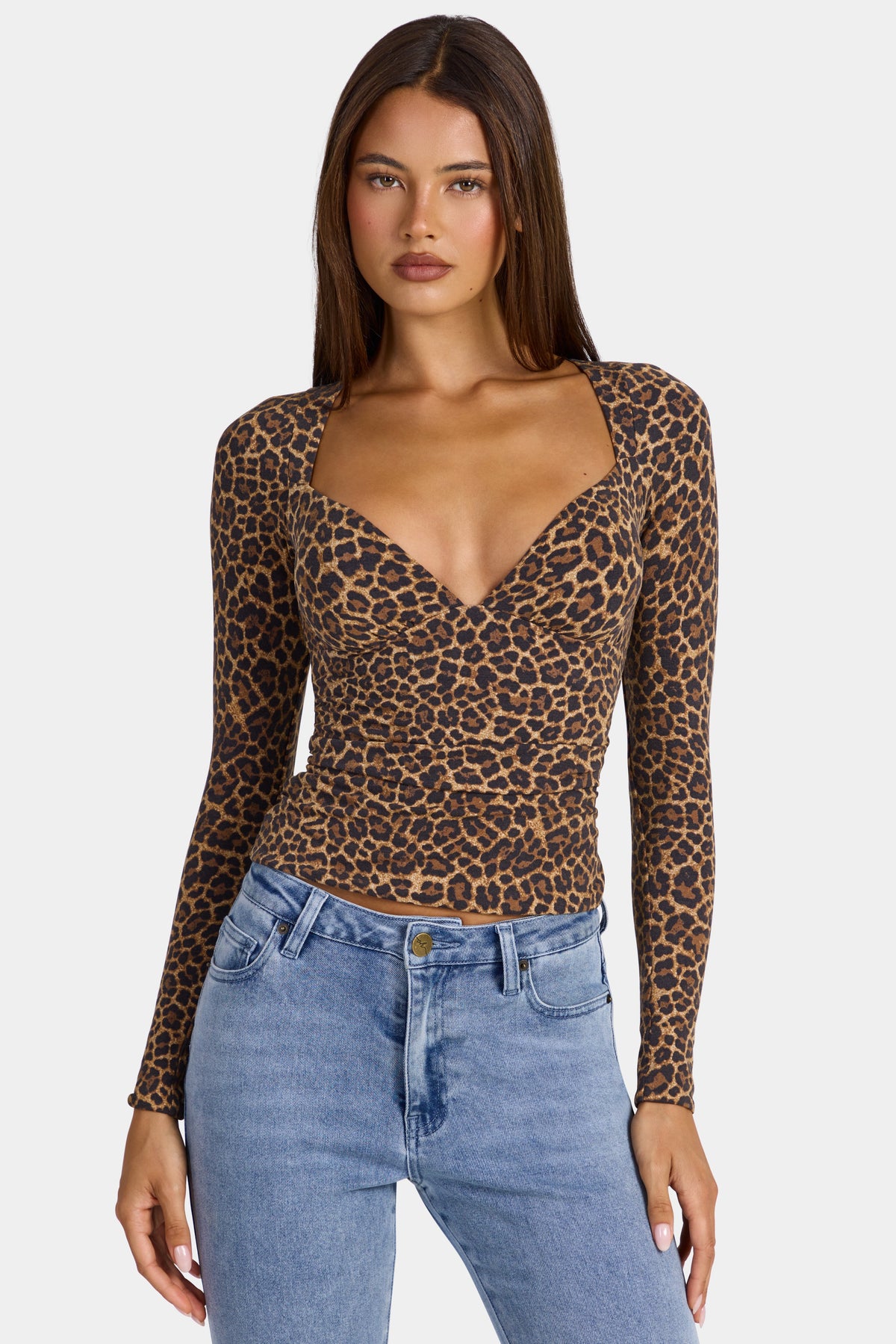 Chic Modal Ruched Long-Sleeve Top in Leopard