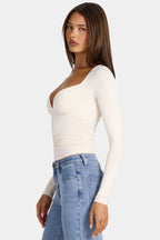 Chic Modal Ruched Long-Sleeve Top in Oat