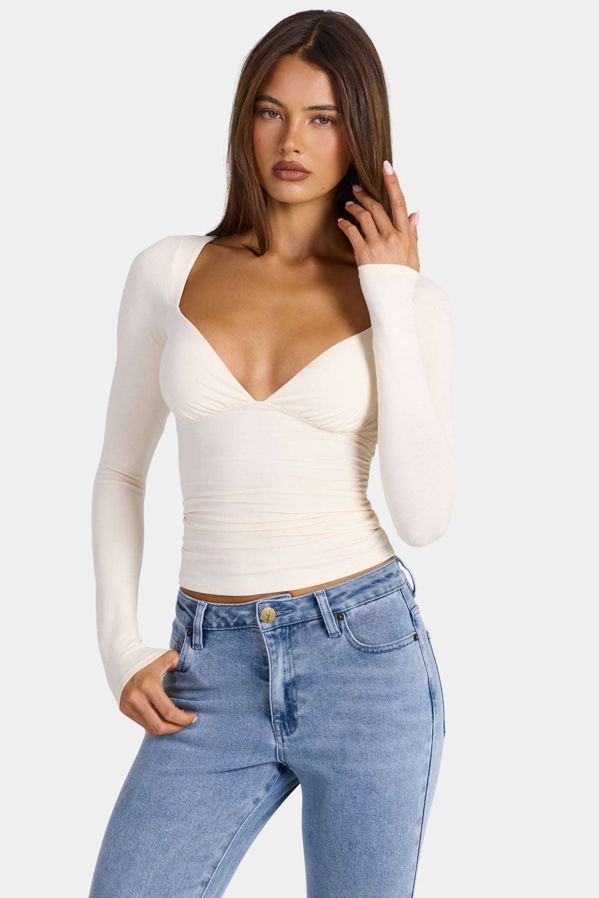 Chic Modal Ruched Long-Sleeve Top in Oat