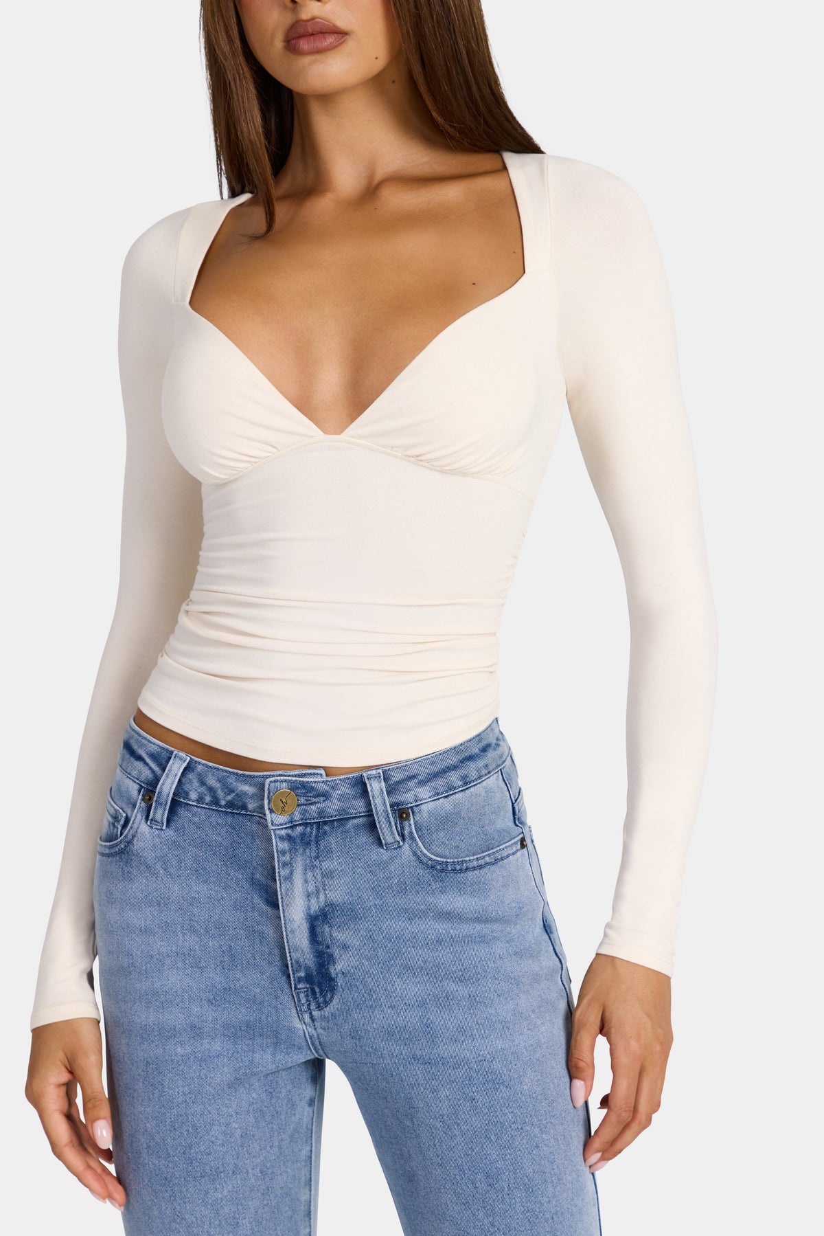 Chic Modal Ruched Long-Sleeve Top in Oat
