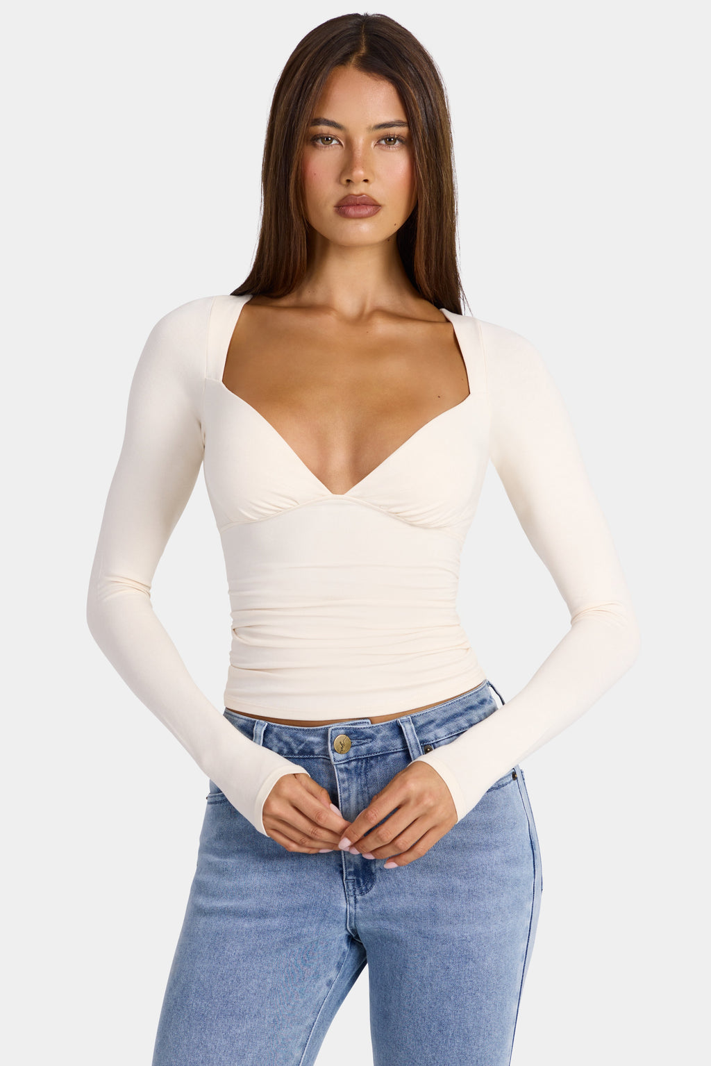 Chic Modal Ruched Long-Sleeve Top in Oat