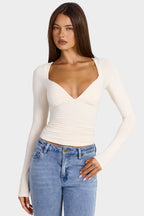 Chic Modal Ruched Long-Sleeve Top in Oat