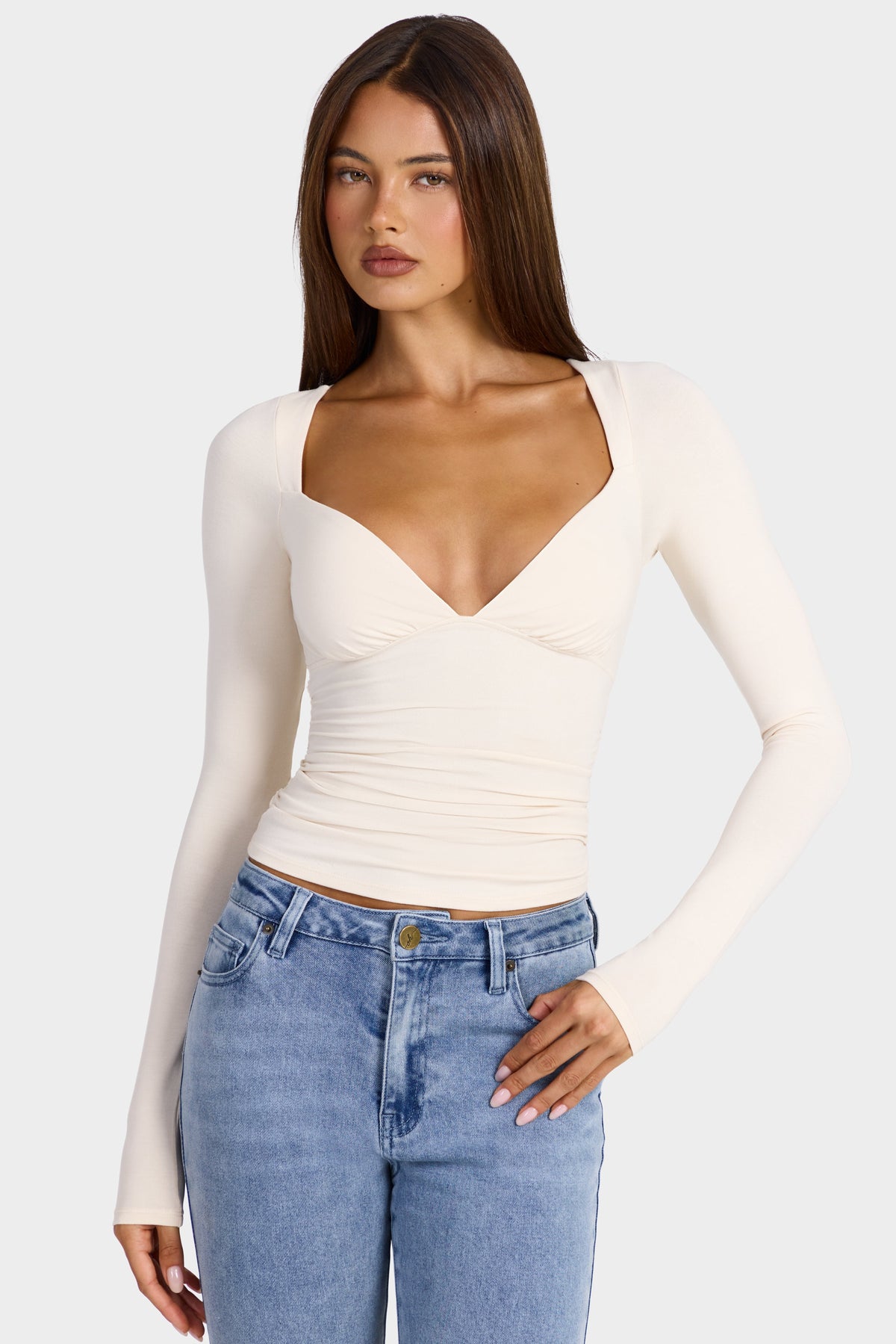 Chic Modal Ruched Long-Sleeve Top in Oat