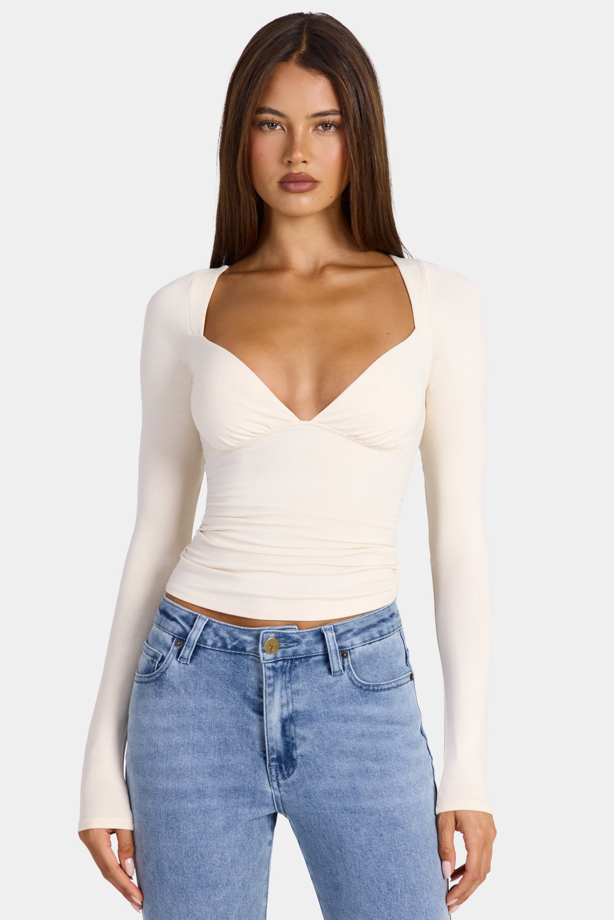Chic Modal Ruched Long-Sleeve Top in Oat