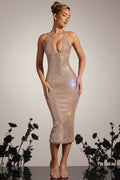 Chic Embellished Plunge Midaxi Dress in Almond
