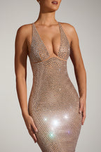 Chic Embellished Plunge Midaxi Dress in Almond