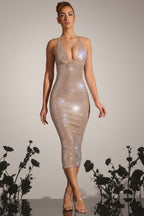 Chic Embellished Plunge Midaxi Dress in Almond