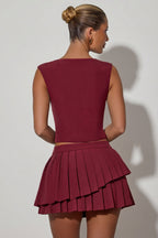 Chic Layered Pleated Low-Rise Mini Skirt in Wine Red