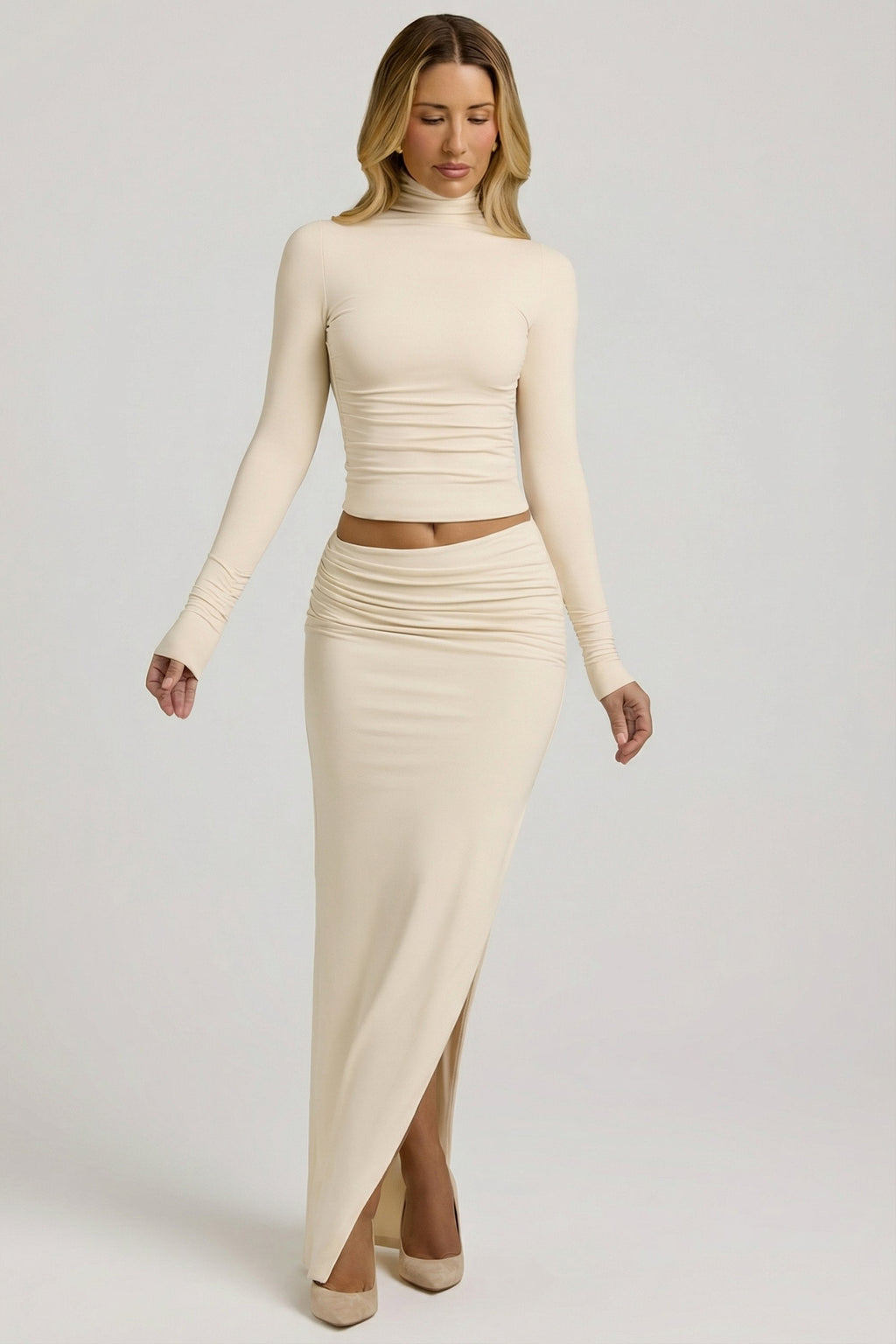Chic Modal Asymmetric-Waist Maxi Skirt in Ivory