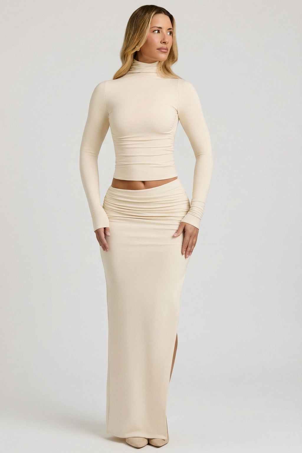 Chic Modal Asymmetric-Waist Maxi Skirt in Ivory