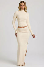 Chic Modal Asymmetric-Waist Maxi Skirt in Ivory