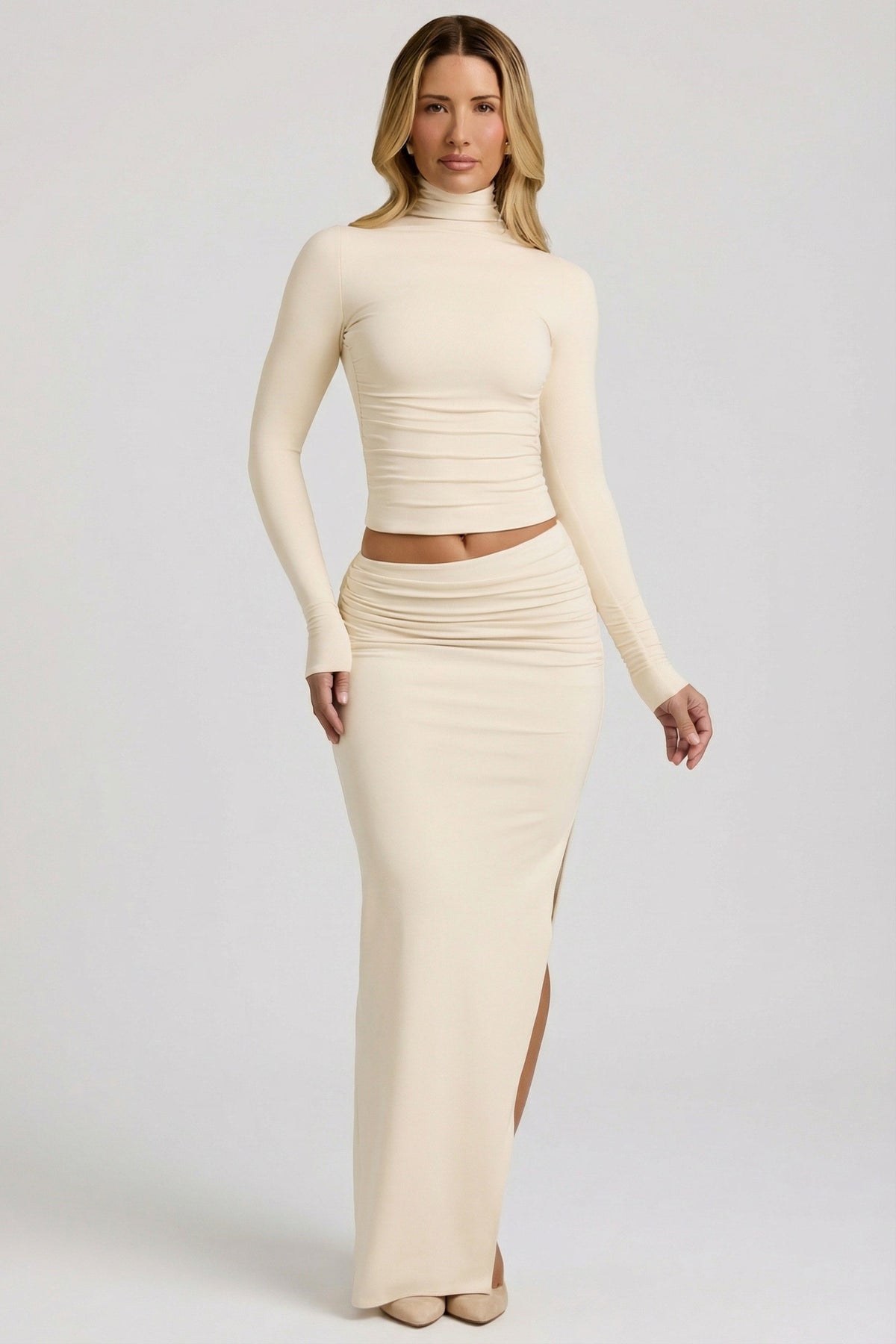 Chic Modal Asymmetric-Waist Maxi Skirt in Ivory