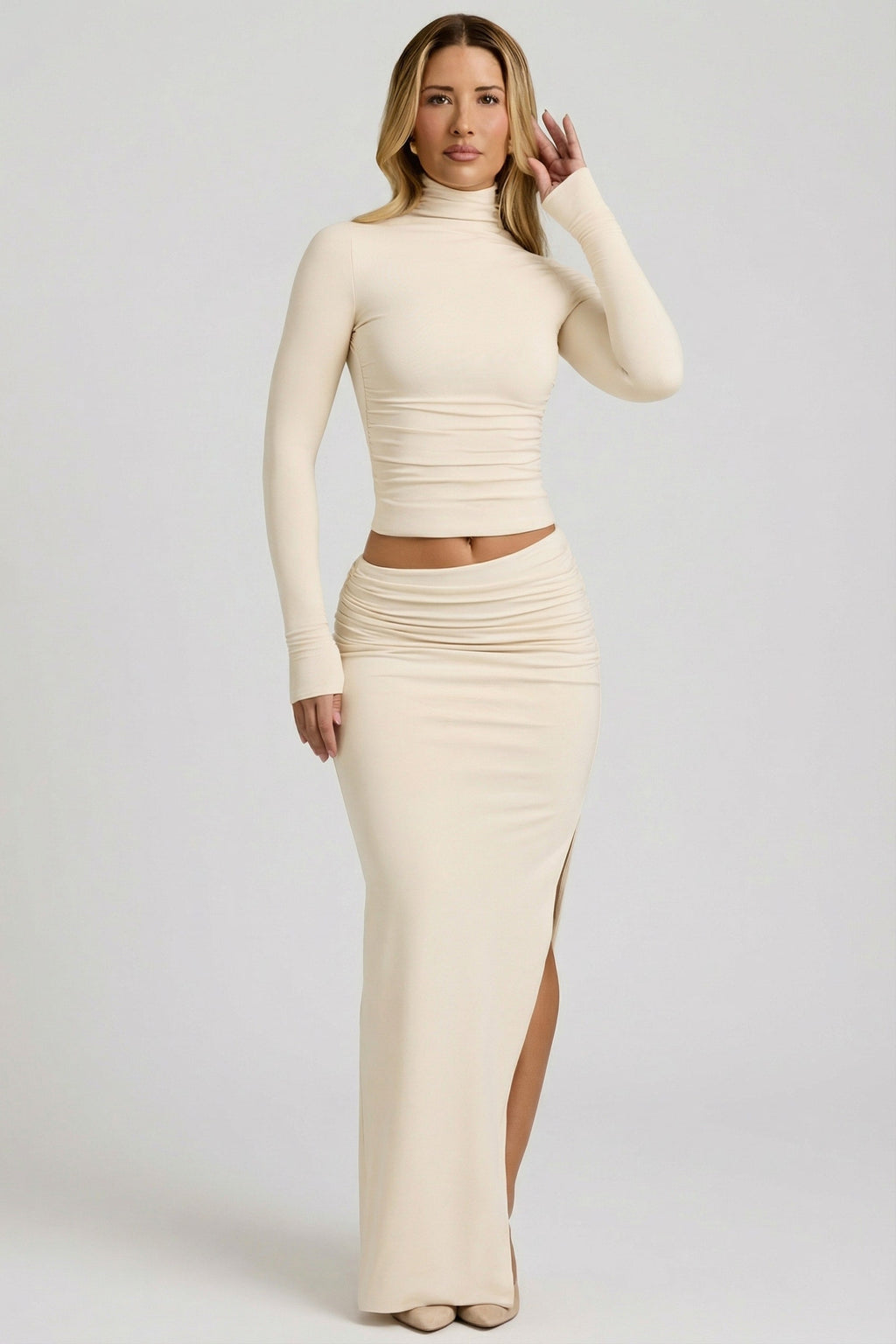 Chic Modal Asymmetric-Waist Maxi Skirt in Ivory