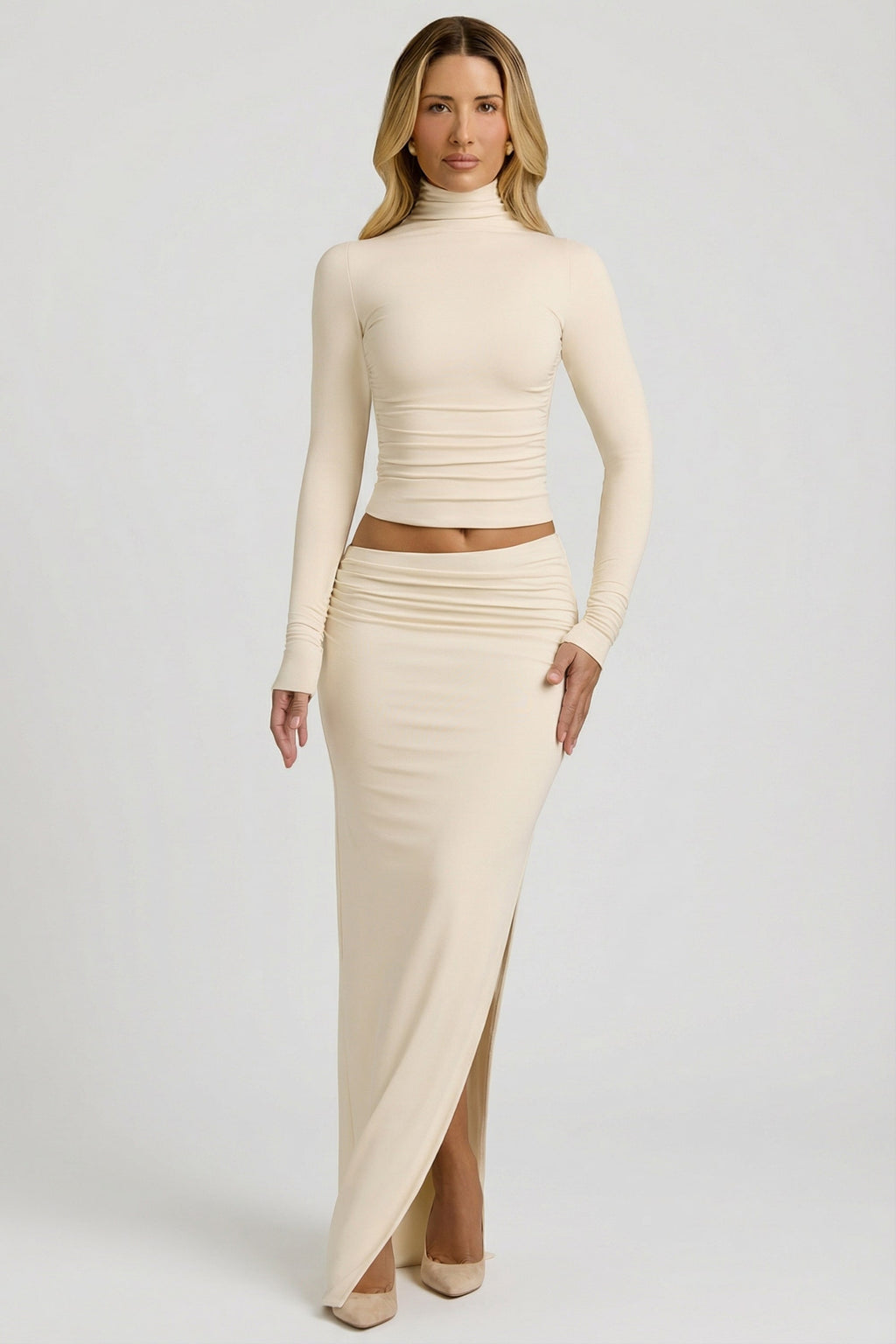 Chic Modal Asymmetric-Waist Maxi Skirt in Ivory