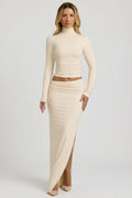 Chic Modal Asymmetric-Waist Maxi Skirt in Ivory