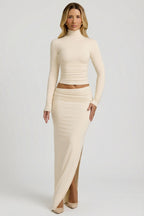 Chic Modal Asymmetric-Waist Maxi Skirt in Ivory
