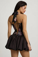 Chic Halterneck Lace-Up Bubble Hem Mini Dress in Black Floral Print