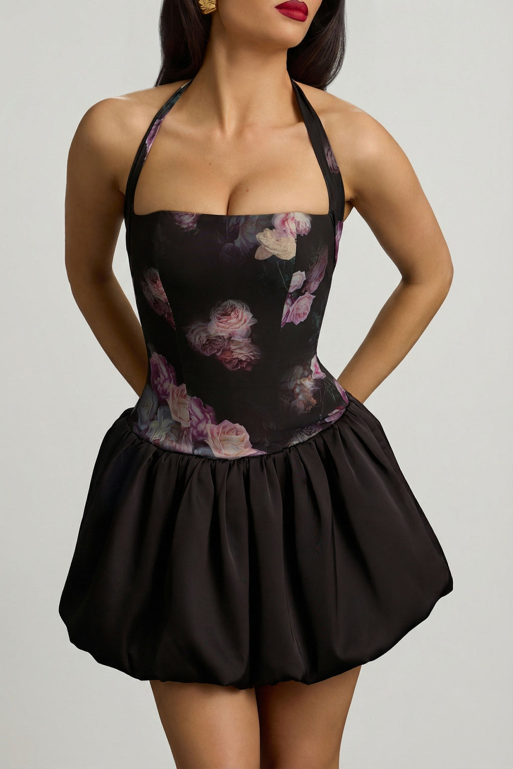 Chic Halterneck Lace-Up Bubble Hem Mini Dress in Black Floral Print