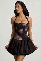 Chic Halterneck Lace-Up Bubble Hem Mini Dress in Black Floral Print