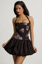 Chic Halterneck Lace-Up Bubble Hem Mini Dress in Black Floral Print