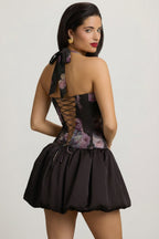 Chic Halterneck Lace-Up Bubble Hem Mini Dress in Black Floral Print