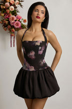 Chic Halterneck Lace-Up Bubble Hem Mini Dress in Black Floral Print