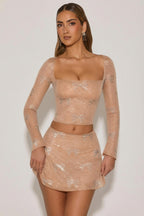 Chic Embellished Bow-Detail Top in Almond