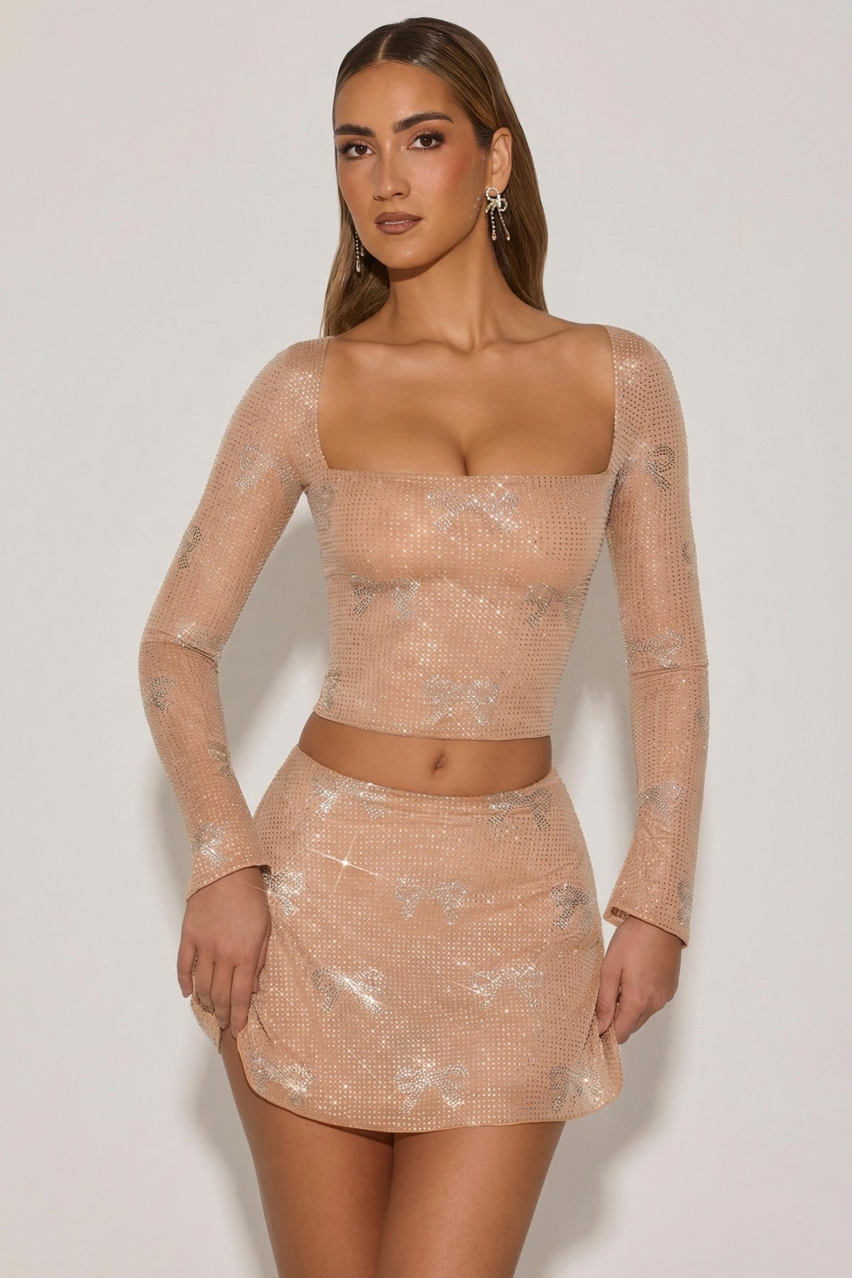 Chic Embellished Bow-Detail Top in Almond