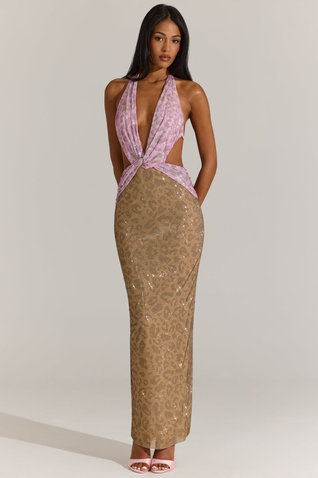 Chic Embellished Cut-Out Maxi Dress in Pink Leopard