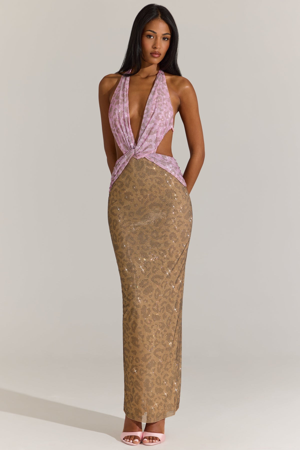 Chic Embellished Cut-Out Maxi Dress in Pink Leopard