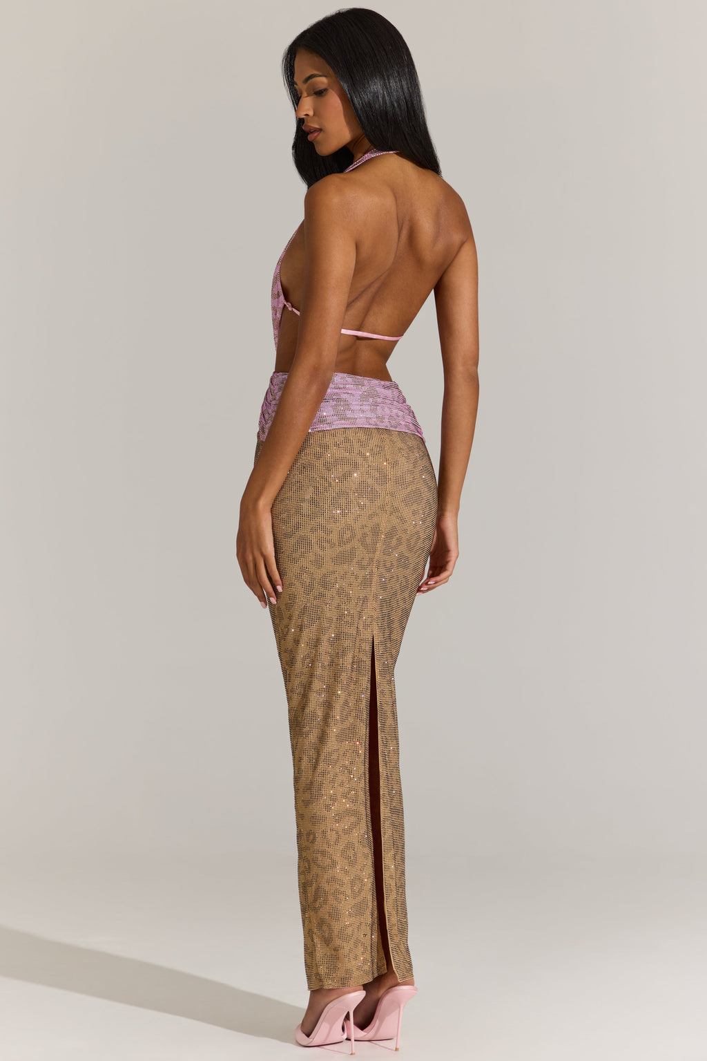 Chic Embellished Cut-Out Maxi Dress in Pink Leopard