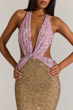 Chic Embellished Cut-Out Maxi Dress in Pink Leopard