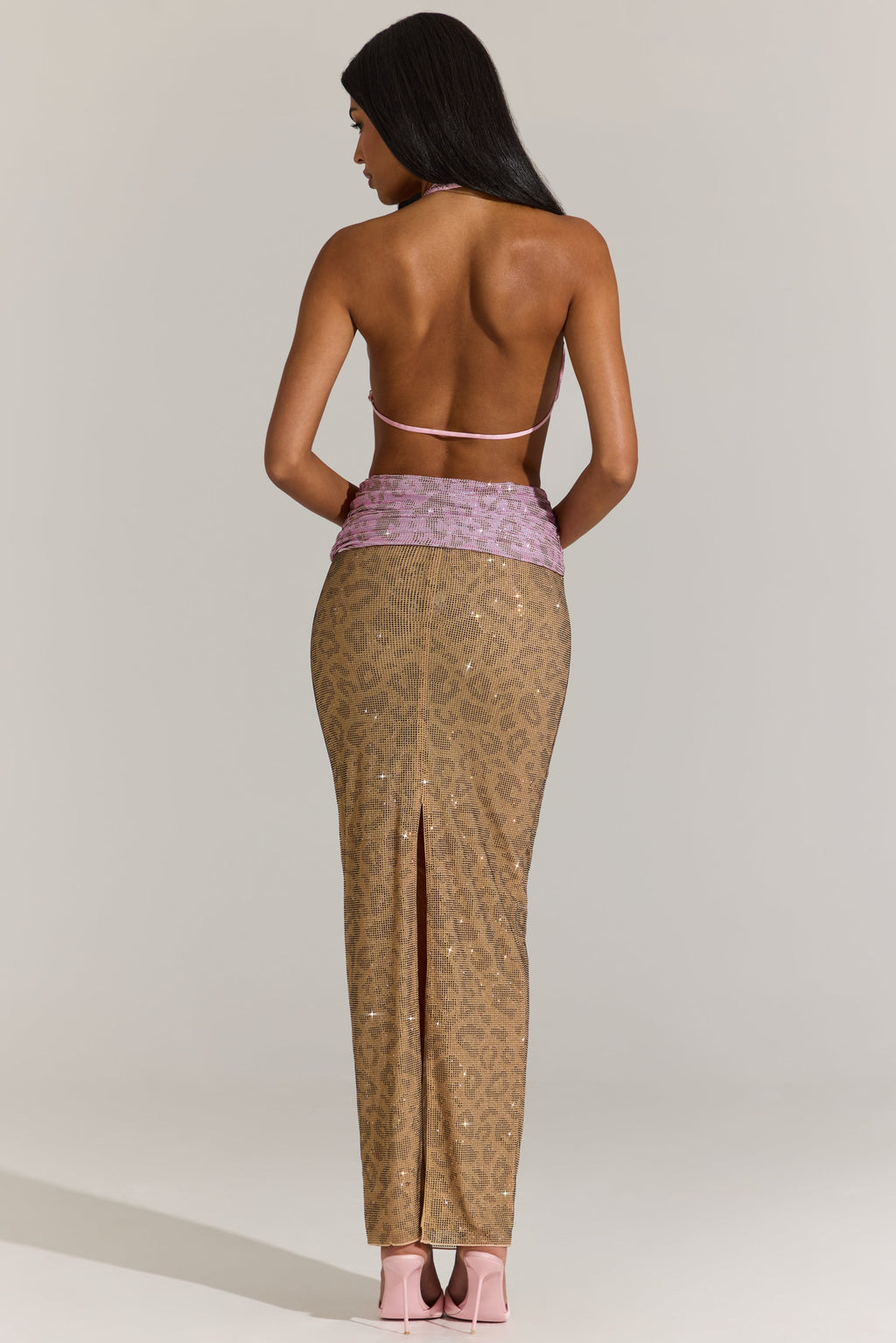 Chic Embellished Cut-Out Maxi Dress in Pink Leopard