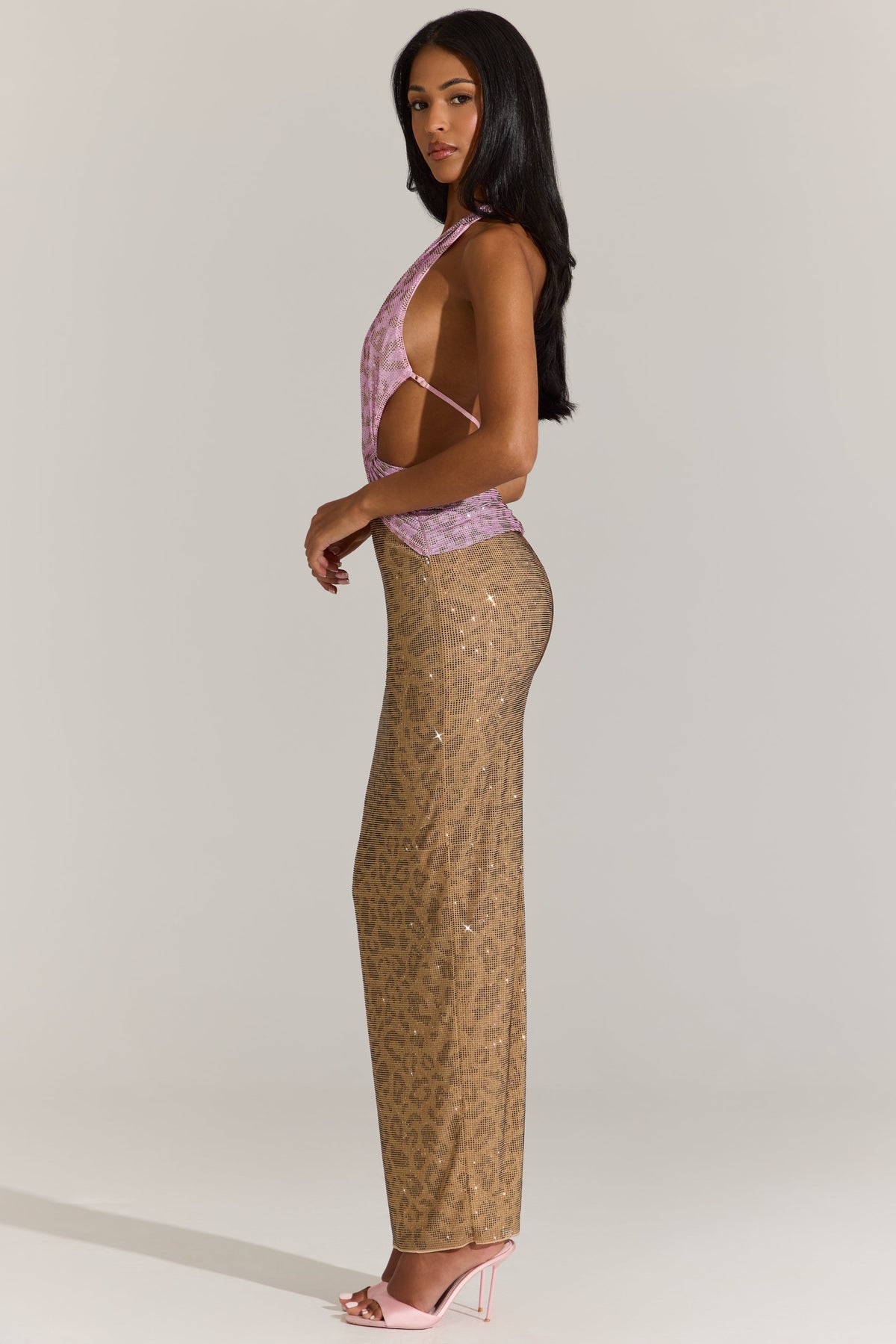 Chic Embellished Cut-Out Maxi Dress in Pink Leopard