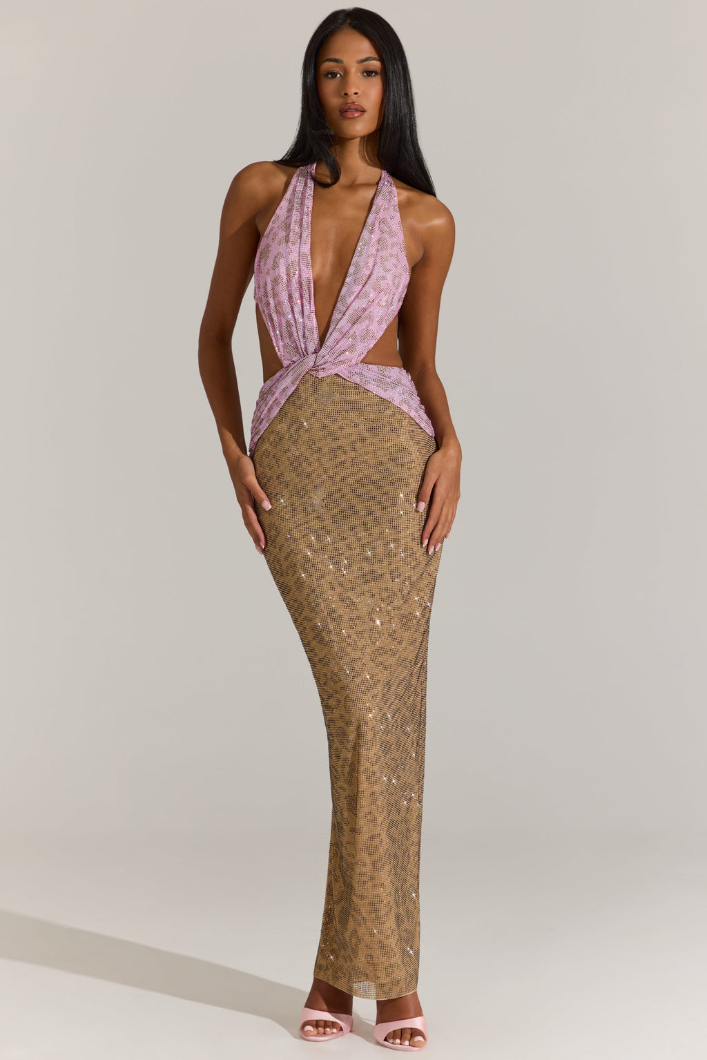 Chic Embellished Cut-Out Maxi Dress in Pink Leopard