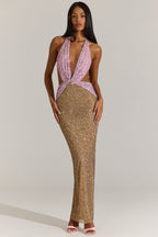 Chic Embellished Cut-Out Maxi Dress in Pink Leopard