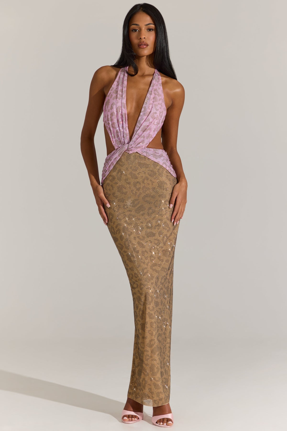 Chic Embellished Cut-Out Maxi Dress in Pink Leopard