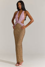 Chic Embellished Cut-Out Maxi Dress in Pink Leopard