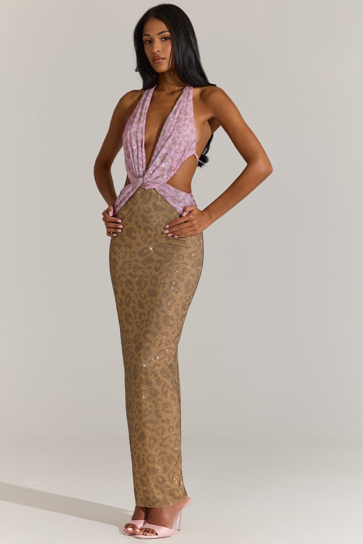Chic Embellished Cut-Out Maxi Dress in Pink Leopard