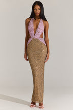 Chic Embellished Cut-Out Maxi Dress in Pink Leopard
