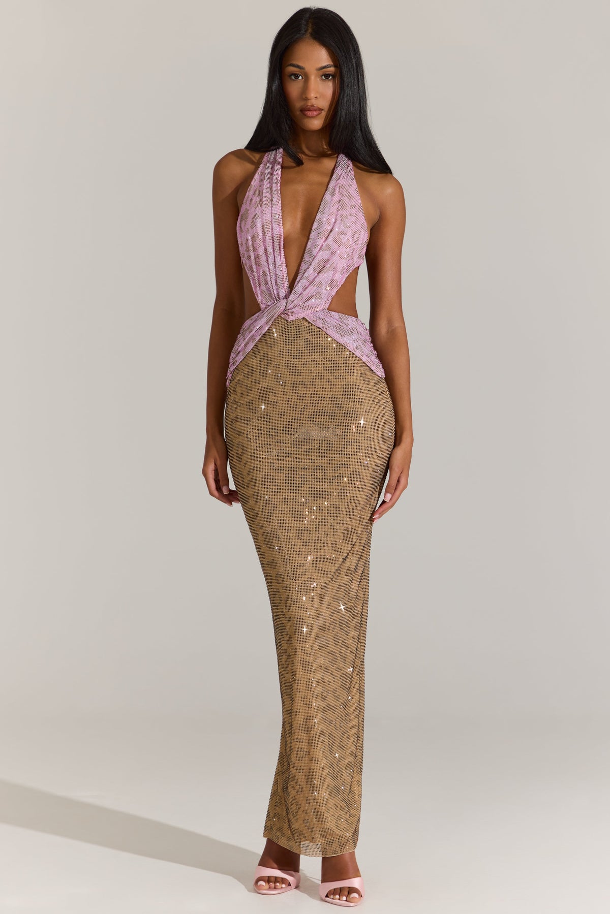 Chic Embellished Cut-Out Maxi Dress in Pink Leopard