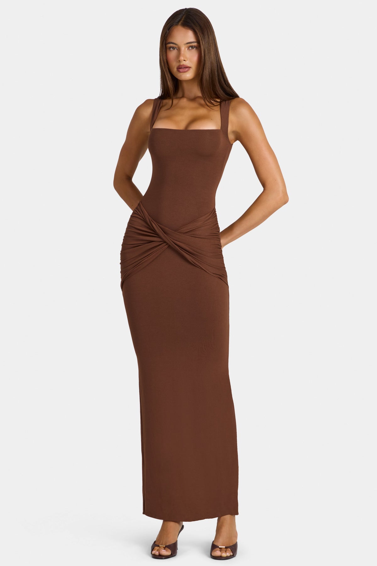 Chic Modal Square-Neck Maxi Dress in Cocoa Brown