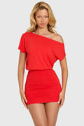 Chic Modal Off-Shoulder Mini Dress in Cherry