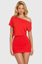 Chic Modal Off-Shoulder Mini Dress in Cherry